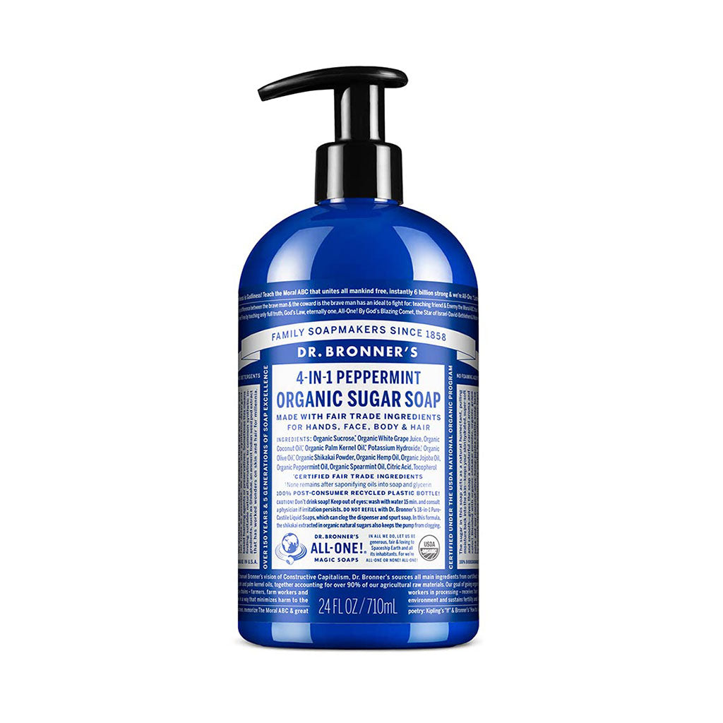 Dr Bronner's savon au sucre biologique 4 en 1 menthe poivrée - La Boite à Grains