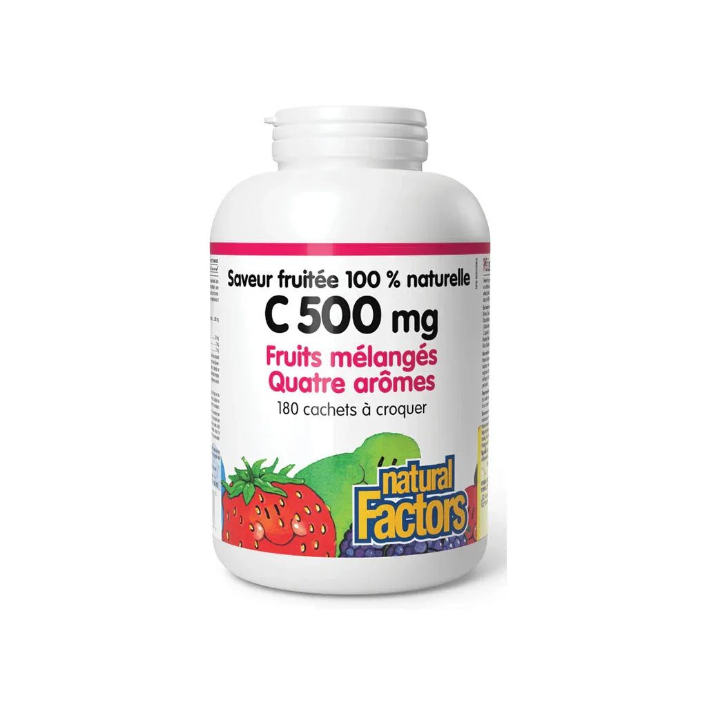 natural factors Vitamin C 500 mg Mixed Fruits Four Flavors 180 chewable tablets in the grain box