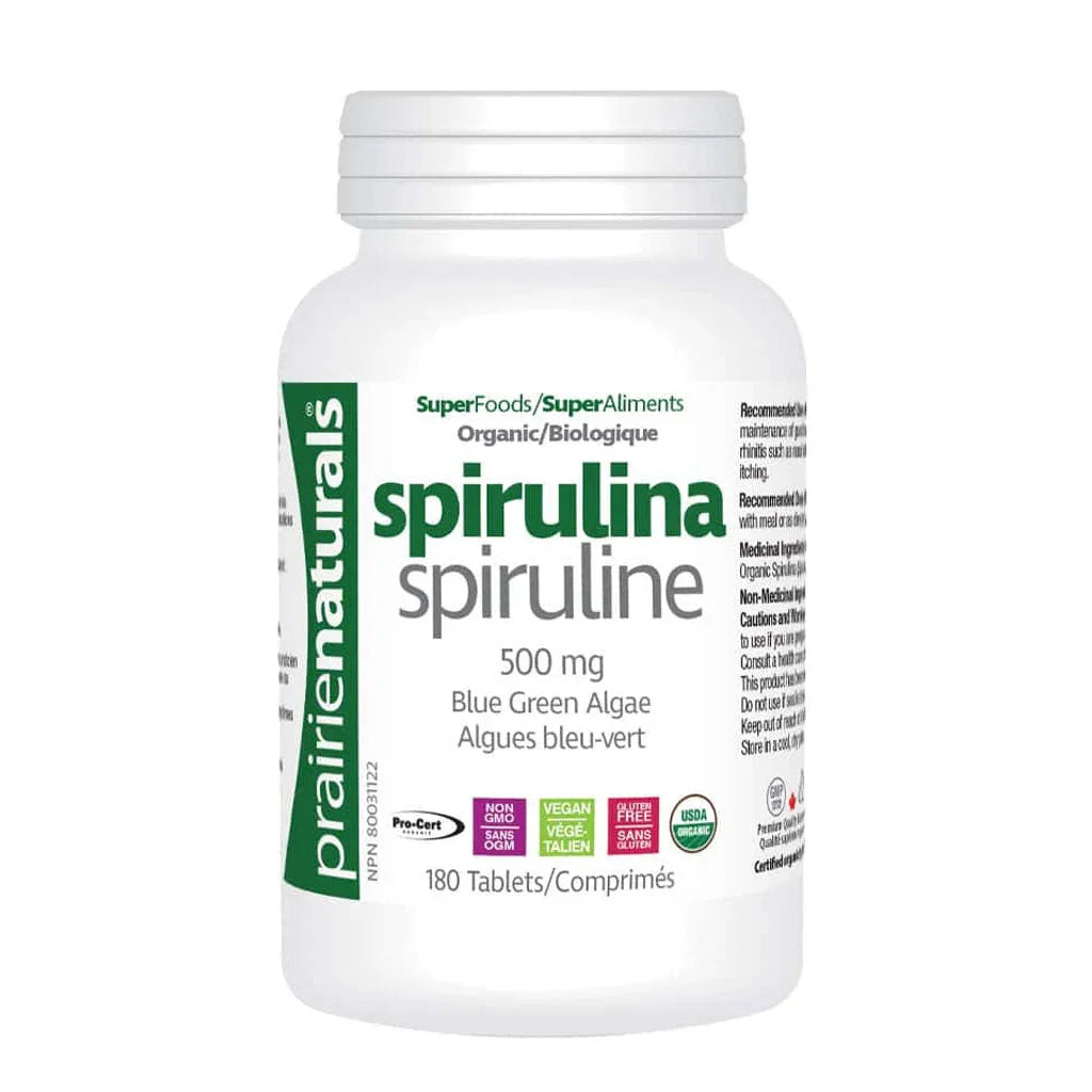 Prairie Naturals Spiruline 500 mg Biologique 180 Comprimés - La Boite à Grains