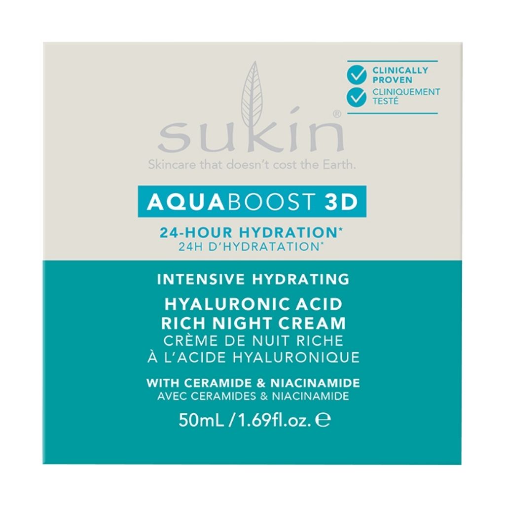 crème de nuit riche à l'acide hyaluronique AquaBoost 3D Sukin - La Boite à Grains