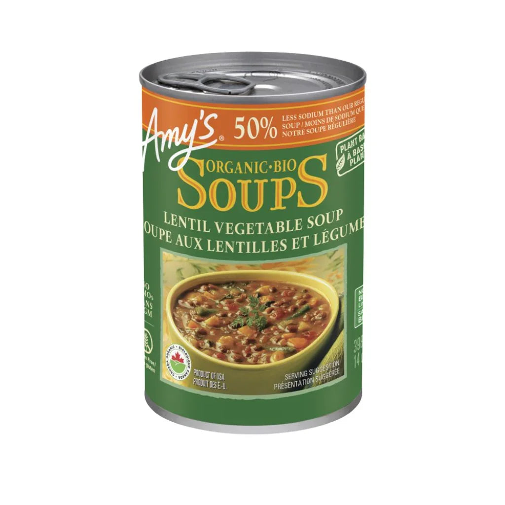 soupe aux lentilles et légumes faible en sodium biologique Amy's - La Boite à Grains