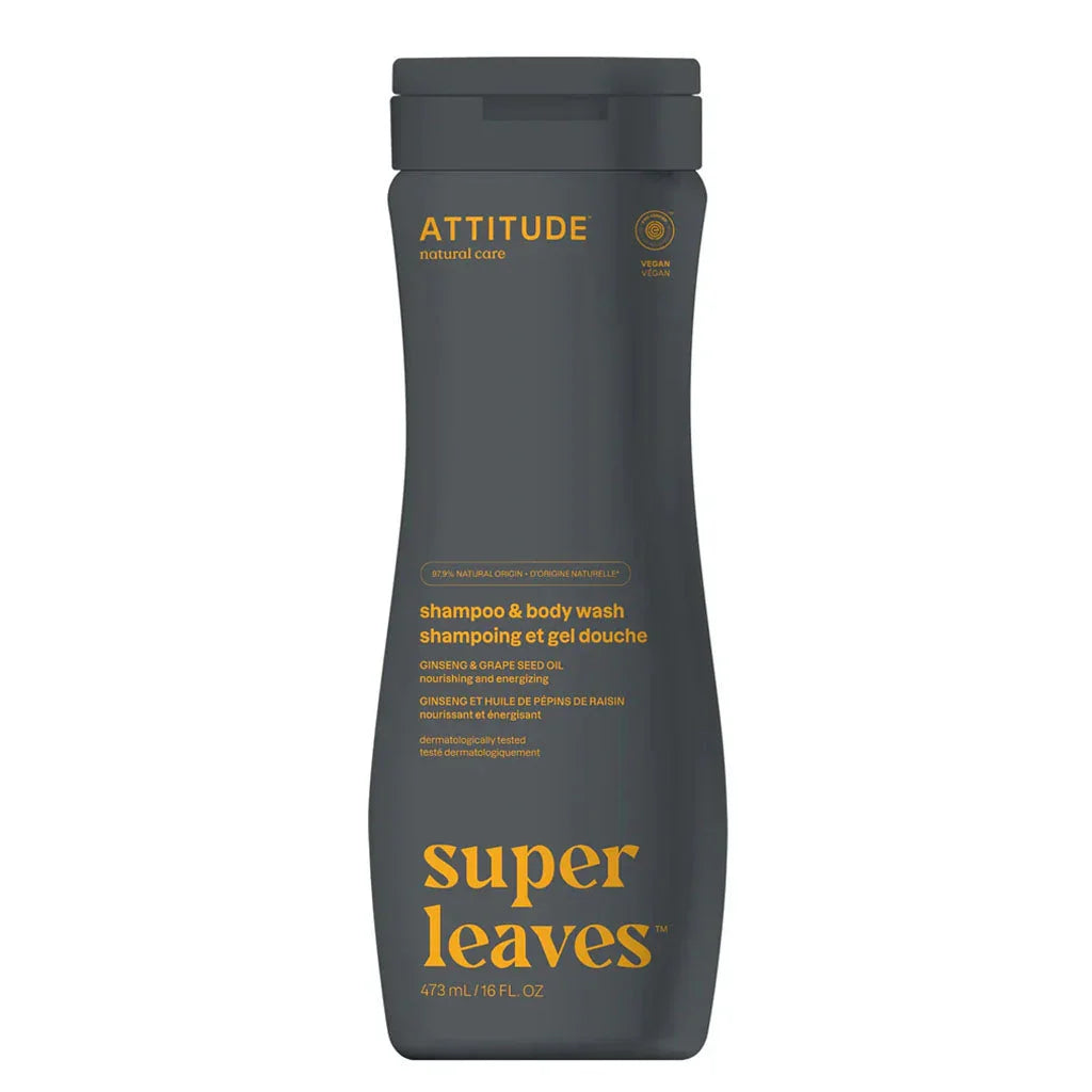 Attitude shampoing et gel douche ginseng et huile de pépins de raisin super leaves 473 ml - La Boite à Grains