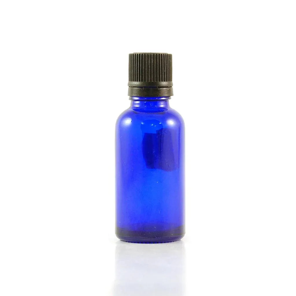 Bouteille Bleu Cobalt avec Bouchon Noir pour Huiles Essentielles La Boite à Grains - La Boite à Grains