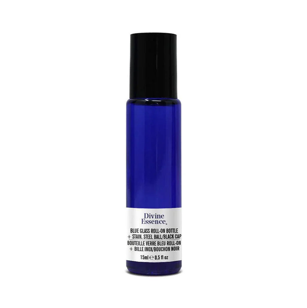 Bouteille Vide en Verre Bleu Roll-On + Bille Inox Divine Essence - La Boite à Grains