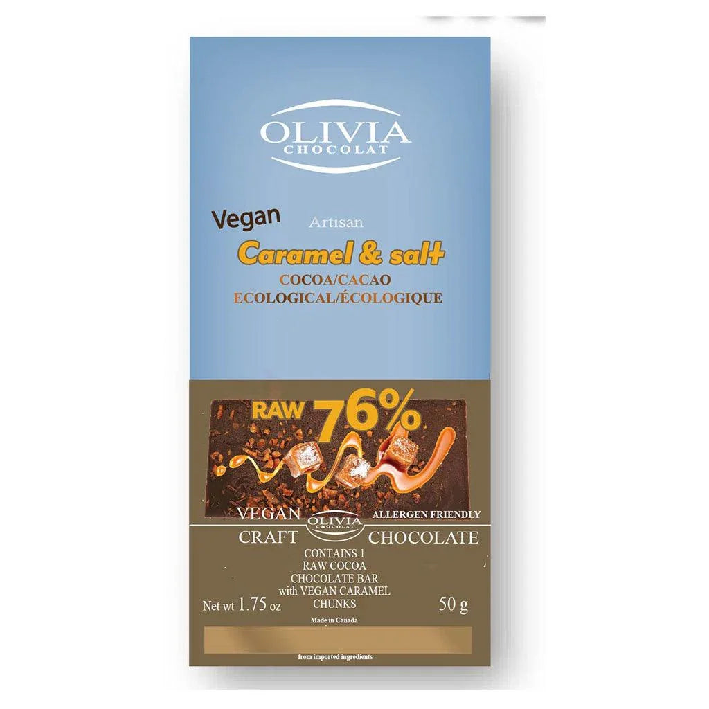 Vegan Chocolate 76% Raw Caramel and Salt Olivia Chocolate - La Boite à Grains