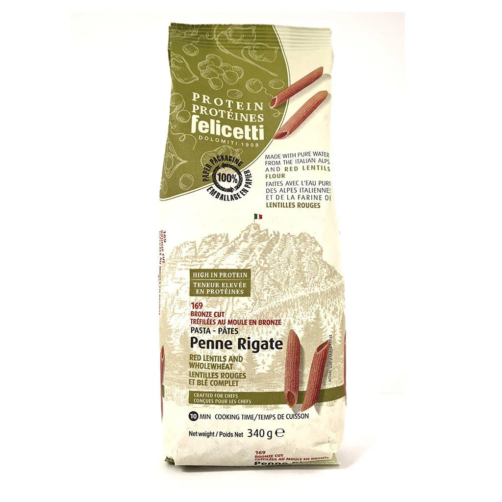 felicetti protein pasta penne rigate red lentils and whole wheat 340 g