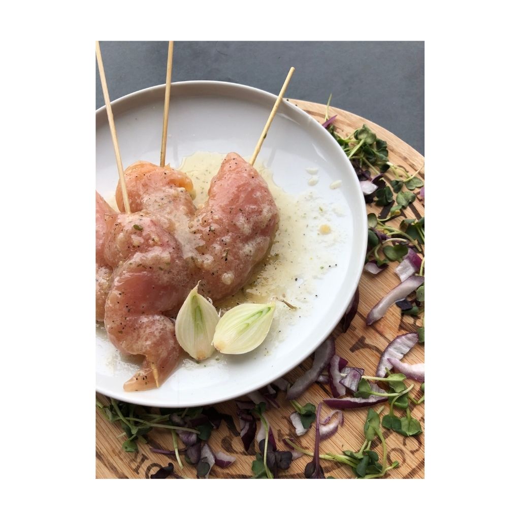 brochettes de poulet de grain miel ail et persil Ferme La Rose des Vents - La Boite à Grains