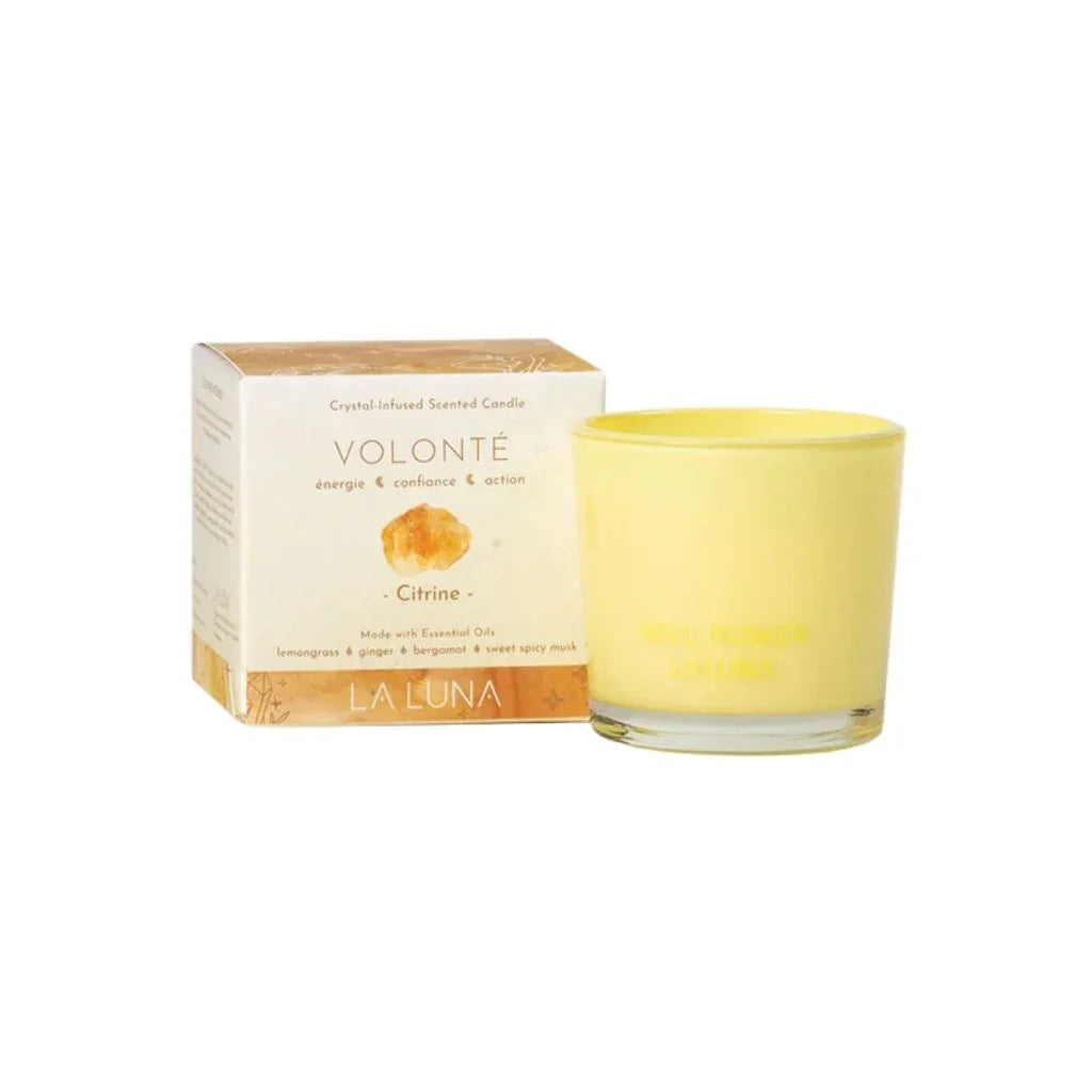 La Luna bougie parfumée infusée de cristaux Volonté Citrine - La Boite à Grains