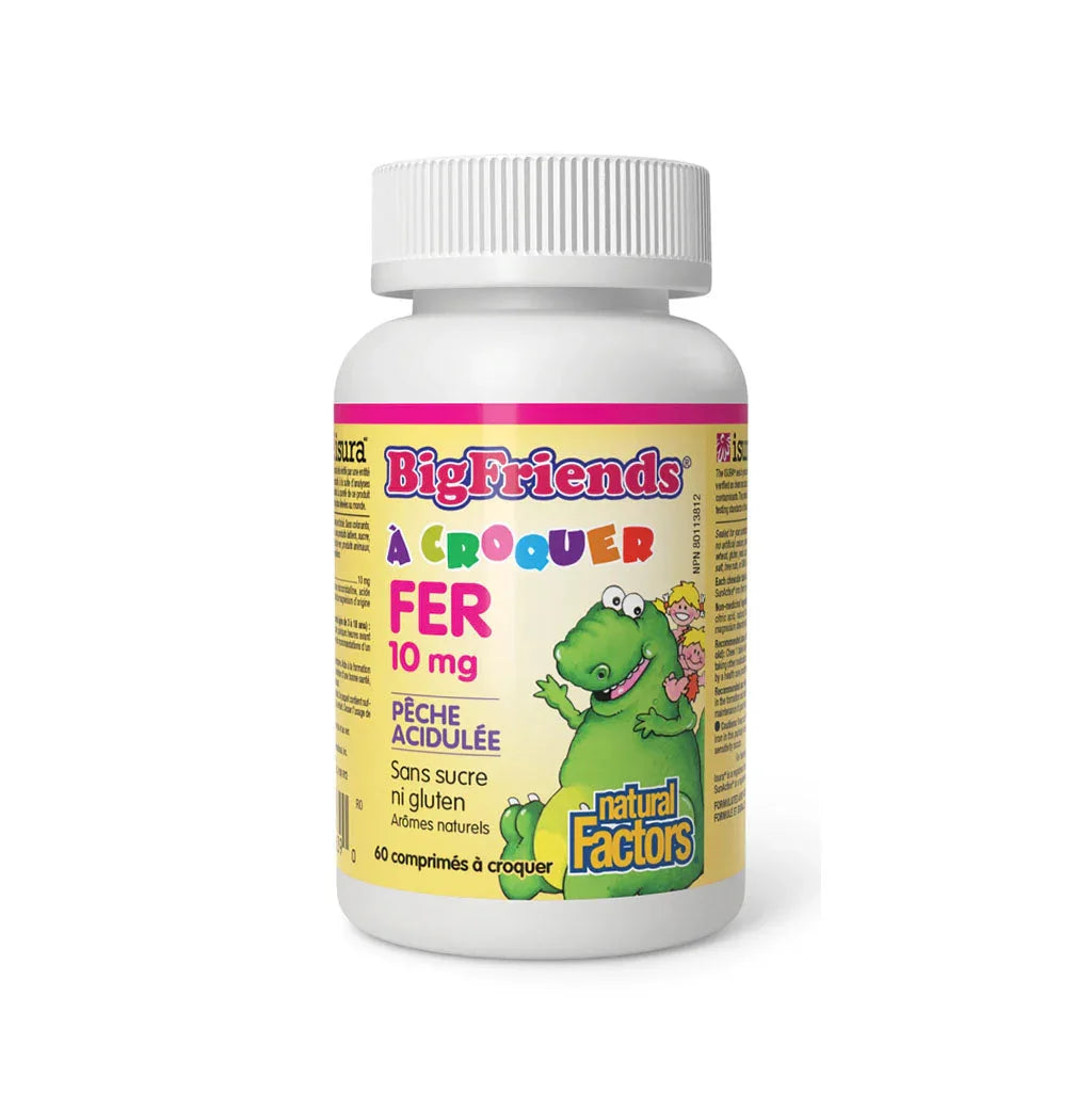 natural factors big brakes iron chewable tangy peach 60 chewable tablets grain box