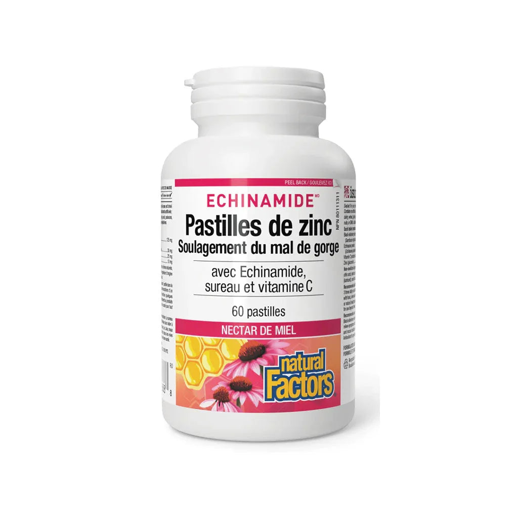 natural factors zinc lozenges echinamide honey nectar 60 lozenges per grain box