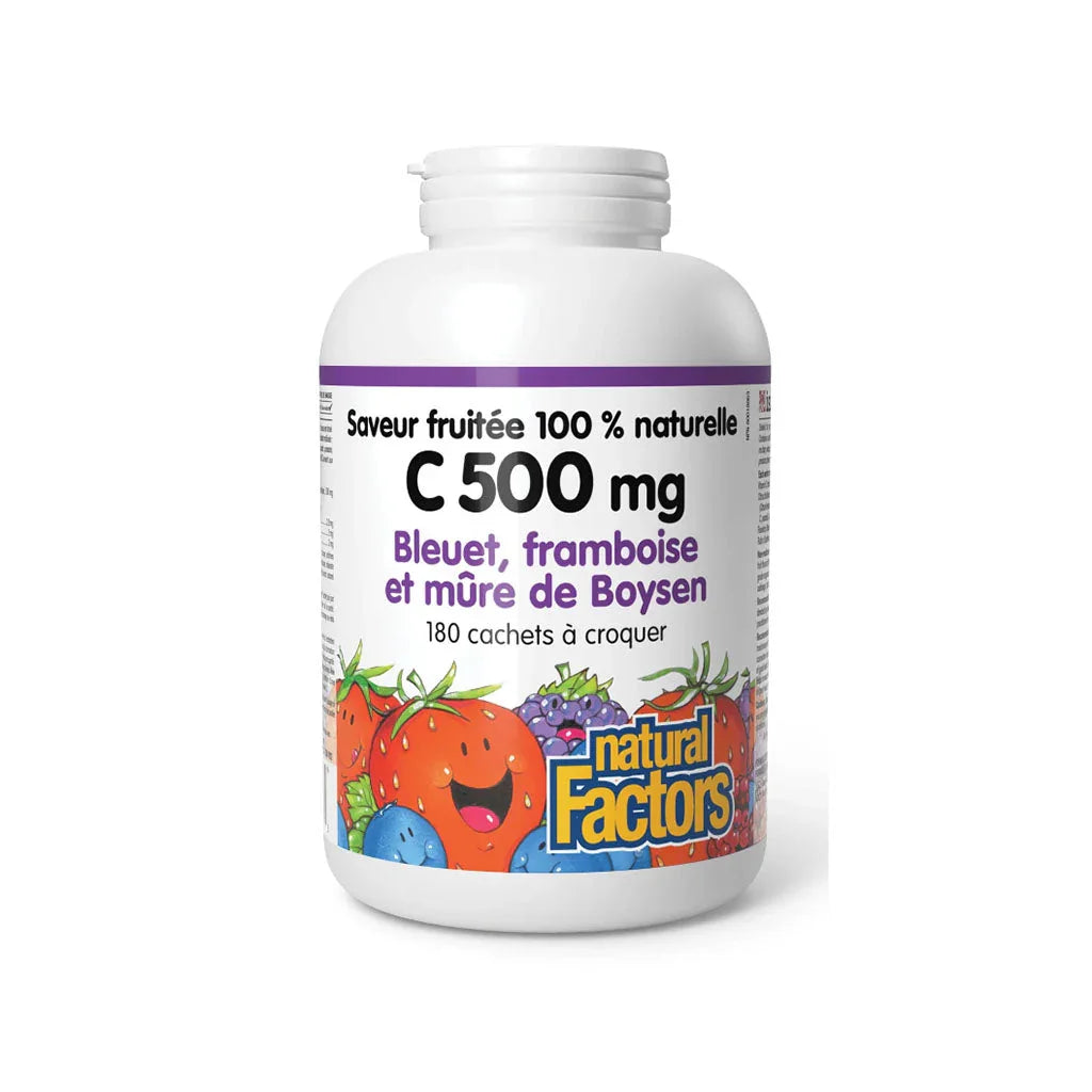 natural factors Vitamin C 500 mg Blueberry Raspberry and Boysenberry 180 chewable tablets from the grain box