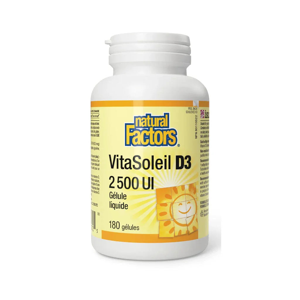 natural factors VitaSoleil D3 2500 IU 180 capsules per grain box
