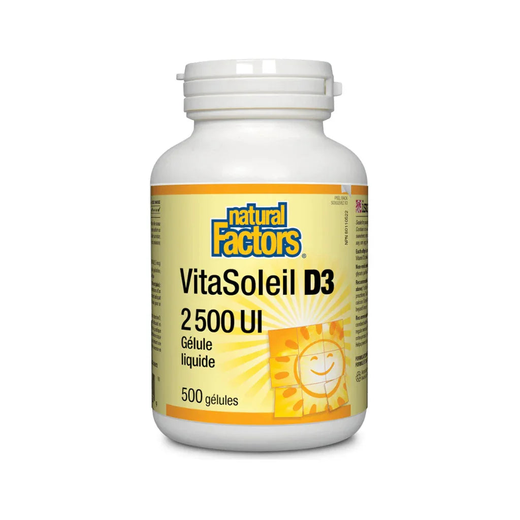 natural factors VitaSoleil D3 2500 IU 500 capsules per grain box