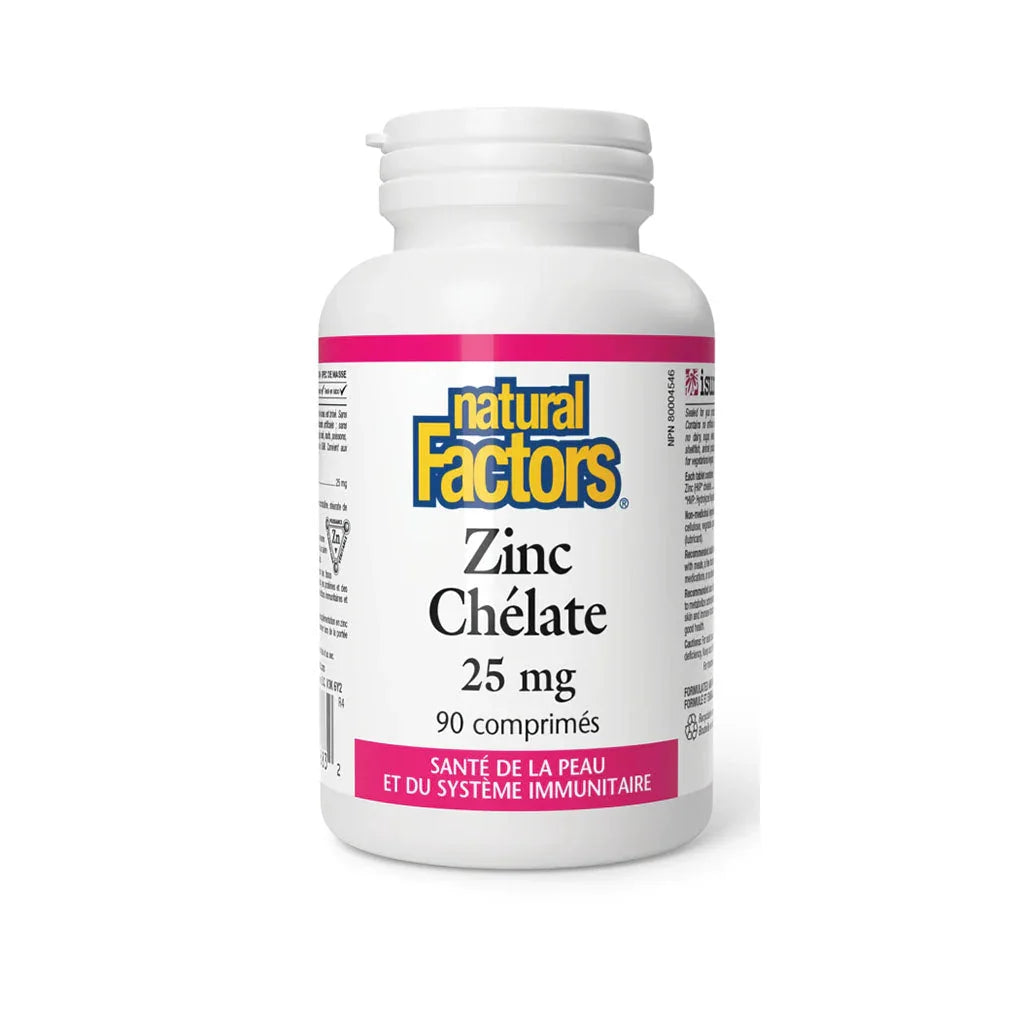 natural factors zinc chelate 90 tablets per grain box