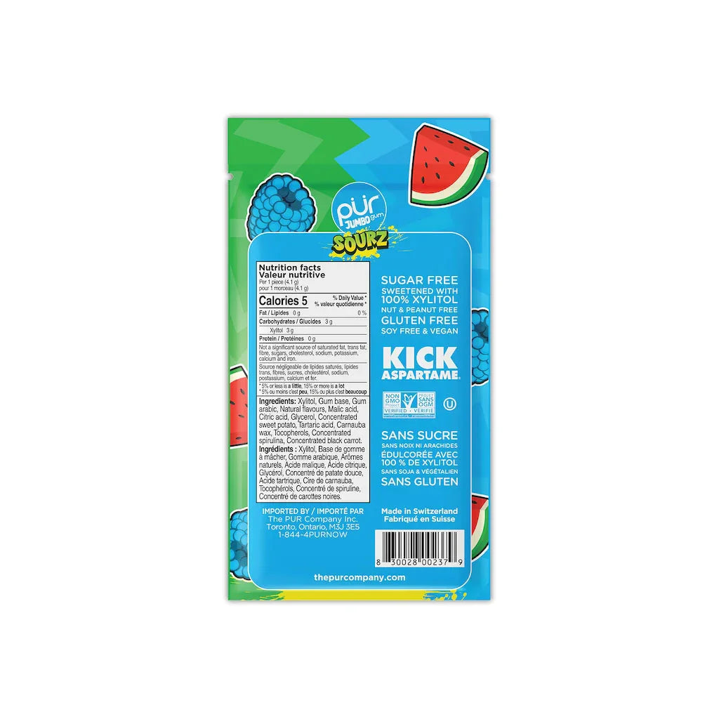 pure gum jumbo sourz blue raspberry watermelon - La Boite à Grains