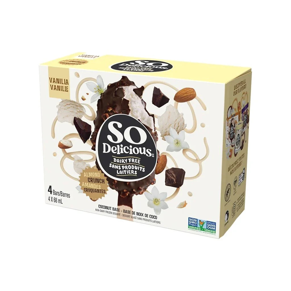 Dessert glacé sans produits laitiers à base de noix de coco barres vanille amandes croquantes So Delicious - La Boite à Grains
